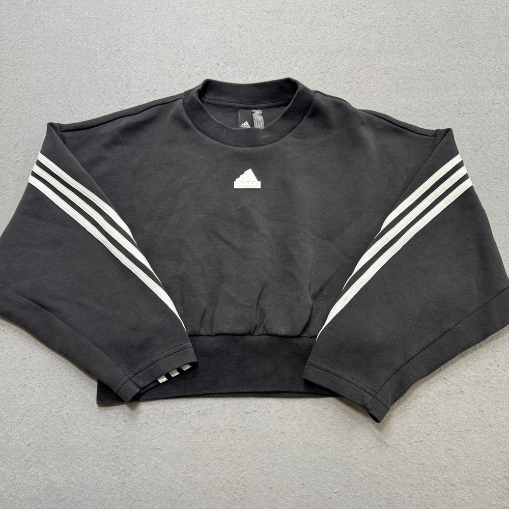 Adidas Sweatshirt Women's XS Black Future Icons 3-Stripes Cropped Boxy Pullover